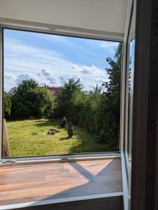 a window view of a yard from a house at Gemütlicher Glücksplatz in Frielendorf +84 photos