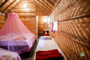 亨比Hampi Waterfall Cottages的小房间设有两张床和蚊帐