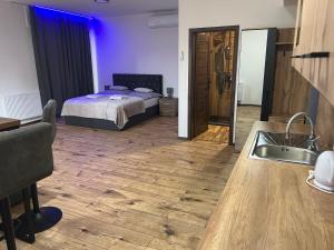 a kitchen with a bed and a sink in a room at Vrbecká restaurace - penzion 10 in Hrubá Vrbka