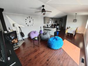 耶洛奈夫EC Lodging的客厅,地板上摆放着3个豆袋