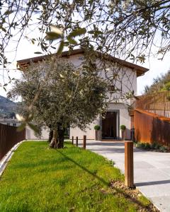 dom z drzewem na podwórku w obiekcie Il Pradicciolo Agriturismo w mieście Castelnuovo di Garfagnana