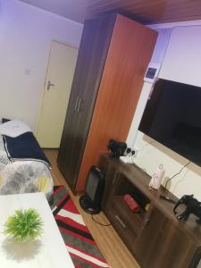 a living room with a flat screen tv and a bed at Micasa Homes BnB D6 in Limuru