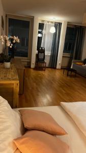 バーゼルにあるPremium Appartement Modern & Centralのベッドのあるリビングルームとソファのある部屋 +8枚の写真