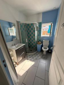 ein Badezimmer mit Toilette, Dusche und Waschbecken in der Unterkunft C'est une maison bleue, juste à côté de la plage... in Barneville-Carteret