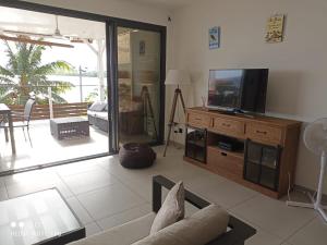 TV a/nebo společenská místnost v ubytování Les Pieds Dans l'Eau face à la mer des caraïbes Jacuzzi Sainte-Luce Trois-Rivières