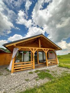 a cabin in a field with a sky at Căsuțele din Poiană in Satu Şugatag
