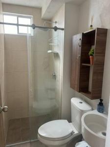 een badkamer met een douche, een toilet en een wastafel bij Apto completo Bello horizonte in Playa Bello Horizonte
