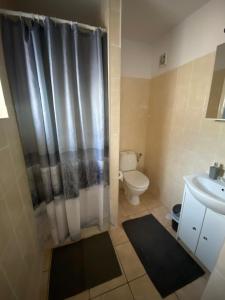 un bagno con doccia, WC e lavandino di Nasze Morze a Dziwnów Altre 22 foto