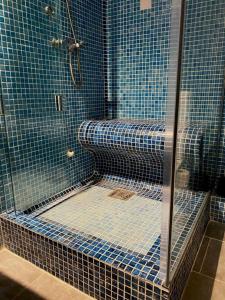 a shower with a toilet in a blue tiled bathroom at AQUA Apartment in Belgrade +21 photos