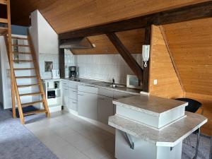 a kitchen with white cabinets and a wooden ceiling at Ferienwohnung Insel Malchow mit eigenem Bootsanleger in Malchow +6 photos