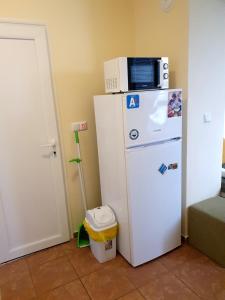 a white refrigerator with a microwave on top of it at Viriks in Burgas