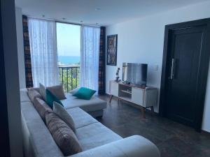a living room with a couch and a television at Punta Centinela Apartment in Punta Blanca