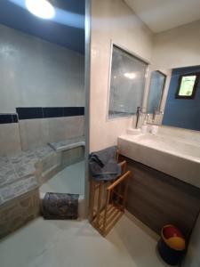 a bathroom with a tub and a sink and a shower at La véranda au domaine de Tara in LʼHôpital-du-Grosbois