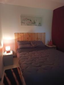 a bedroom with a large bed with a wooden headboard at La véranda au domaine de Tara in LʼHôpital-du-Grosbois