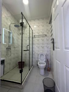 a bathroom with a toilet and a glass shower at Lesley and Lindsey luxurious short let in Gwarinpa +18 photos