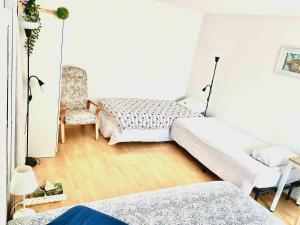 a bedroom with two beds and a chair at Chambre chez l'habitant en hyper centre à Strasbourg 7148 in Strasbourg