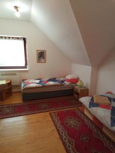 Un dormitorio con dos camas y una ventana. en Penzión Dúha, en Dedinky 10 fotos más