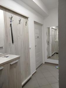 ein Badezimmer mit Waschbecken, Spiegel und Tür in der Unterkunft Apartment Angeleski in Bitola