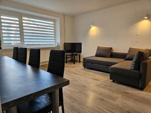 a living room with a couch and a table at Draugyste Apartment in Šiauliai
