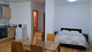 une chambre avec un lit et une table et une cuisine dans l'établissement Mountain View A23, à Bansko