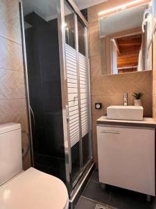 ein Badezimmer mit Dusche, Toilette und Waschbecken in der Unterkunft Sani Tree House in Sani Beach