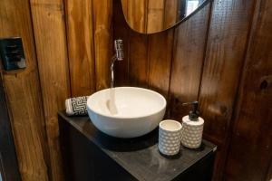 a bathroom with a white bowl sink on a counter at Recanto AlceNegro in Miguel Pereira