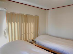 Zimmer mit 2 Betten und einem Fenster mit Vorhängen in der Unterkunft 古民家 環水公園徒歩8分 閑静な住宅街 ドライブ旅行 近隣駐車場あり in Toyama