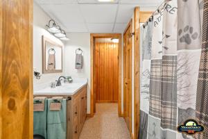 Un baño con lavabo y cortina de ducha. en Autumn Breeze Cabin, en Nashville 32 fotos más