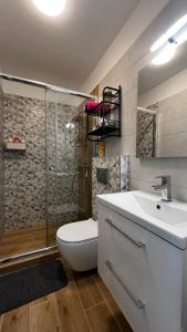 a bathroom with a toilet and a sink and a shower at Westend - studio above the city in Budapest +15 photos