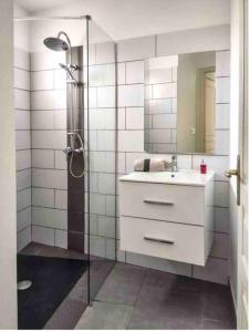 a bathroom with a shower and a sink at KAP Alizes R1 appart face à l'océan in Terre Sainte