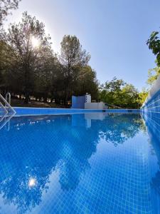 una piscina con agua azul y árboles en el fondo en CENTRO DE OCIO ALÚA Casa Rural Iznájar Lago de Andalucía, en Iznájar 29 fotos más