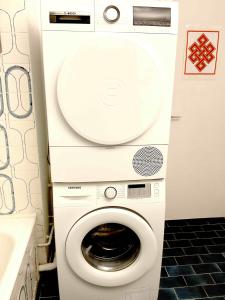 a washing machine in a bathroom with a sink at Chambre chez l'habitant en hyper centre à Strasbourg 7148 in Strasbourg