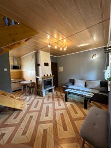 a living room with a couch and a fireplace at Domki u Marka in Polańczyk +15 photos