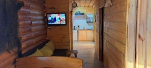 a hallway in a log cabin with a tv on the wall at Domek Na Stoku in Korbielów