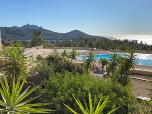 una vista de una piscina con palmeras en AGAY, Cap Esterel, magnifique vue mer panoramique et Esterel, terrasse, piscines, parking, dernier étage, 3 étoiles, en Saint-Raphaël