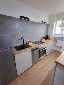 a kitchen with a sink and a counter top at Apartament przy stawach in Grodzisk Mazowiecki