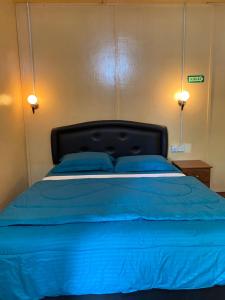 瓜拉大汉D view hill hotel的一张蓝色的床,上面有两个蓝色的枕头