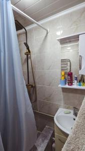a bathroom with a shower curtain and a sink at Cozy apartment in the city center of Karakol in Karakol