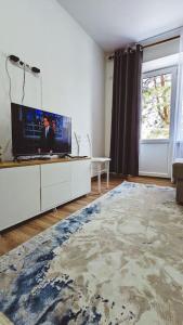 a living room with a tv and a large rug at Cozy apartment in the city center of Karakol in Karakol