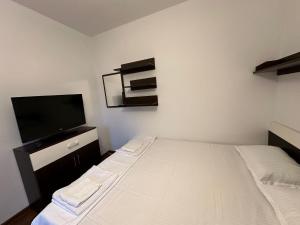 a bedroom with a bed and a flat screen tv at Zlata Cozzy Apartment USV in Suceava
