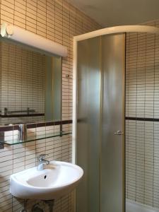 a bathroom with a sink and a shower at Apartments Jakišnica in Jakišnica
