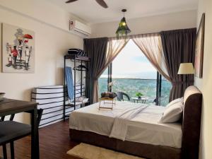 a bedroom with a bed and a large window at Hush Inn at K Avenue Kota Kinabalu in Kota Kinabalu +107 photos