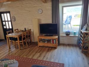 a living room with a television and a table with chairs at Ferienwohnung Fritzer in Ellenz-Poltersdorf