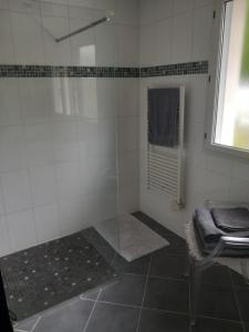 a bathroom with a shower with a sink and a window at Ma gimeloise in Gimel