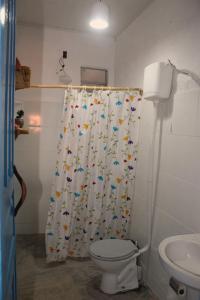 クムルサティバにあるCasa Passarinhosのバスルーム(シャワーカーテン、トイレ付)