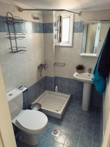 un baño con inodoro y lavabo en Homely flat near airport, en Tesalónica