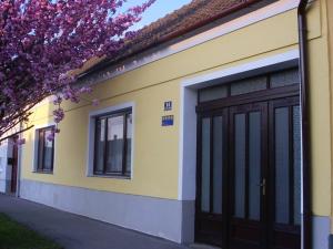 ein gelbes Gebäude mit einer schwarzen Tür und einem blühenden Baum in der Unterkunft Holiday home St. Andra am Zicksee 1 in Sankt Andrä bei Frauenkirchen