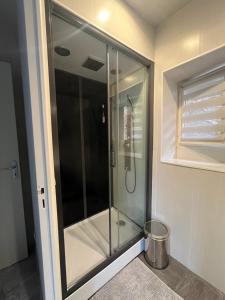 a shower with a glass door in a bathroom at Étape lembronnaise in Saint-Germain-Lembron