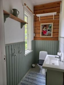 a bathroom with a toilet and a sink and a window at Loma tai perhejuhlat Bobackan pihatorpassa in Hämeenlinna