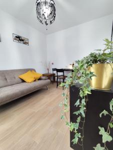 een woonkamer met een bank en potplanten bij Apartamento Artesano Del Cuero SpaceWorking in Ubrique